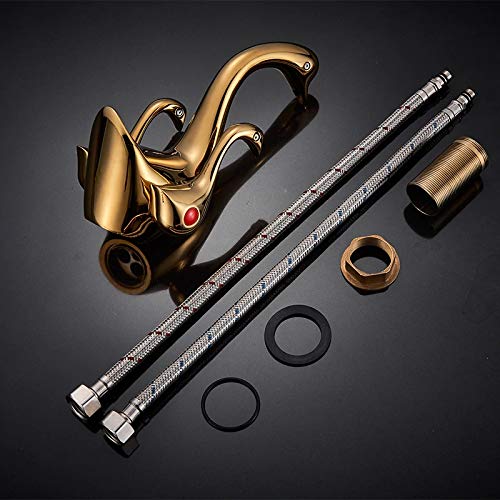 Swan neck basin tap gold finish with aerator spout detail, modern bathroom basin mixer tap