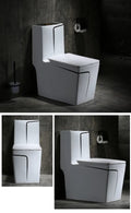 Modern washroom sanitaryware: one piece western toilet in glossy black and white ceramic, compact floor mount