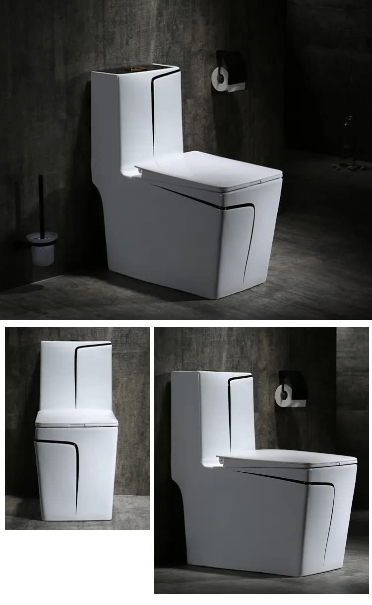 Modern washroom sanitaryware: one piece western toilet in glossy black and white ceramic, compact floor mount