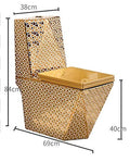 Detail of soft close seat cover on InArt golden ceramic western toilet, modern square commode design
