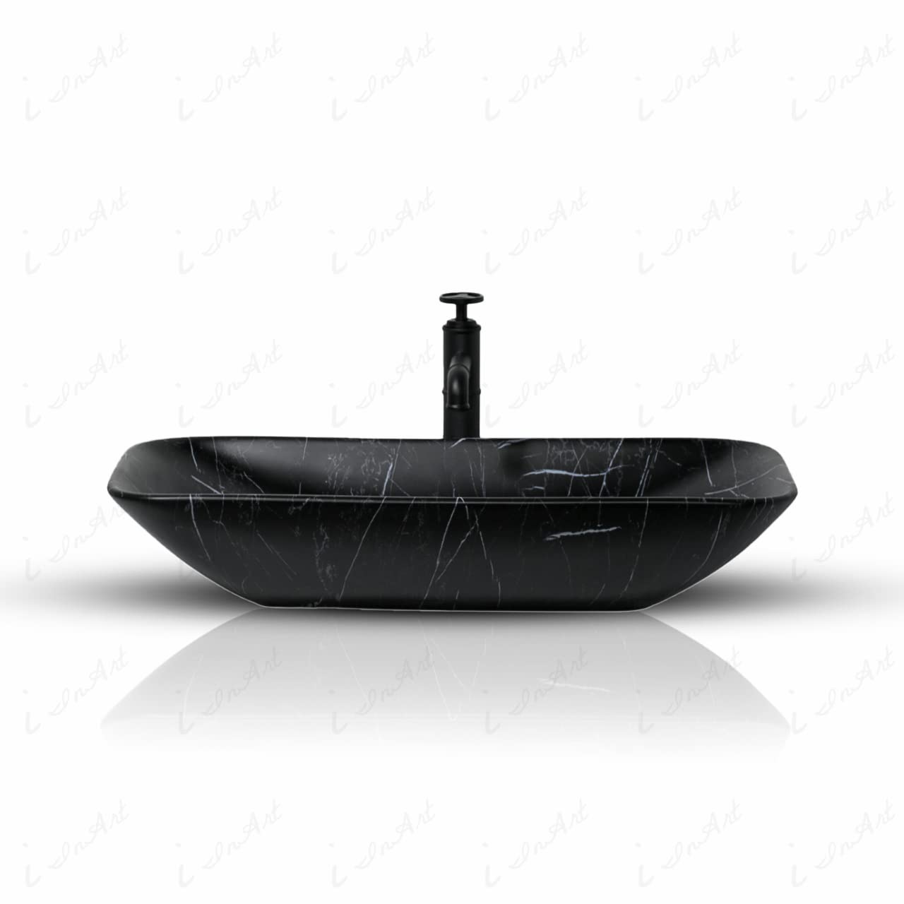 Modern table top wash basin design for bathroom, InArt black marble rectangular ceramic basin side view