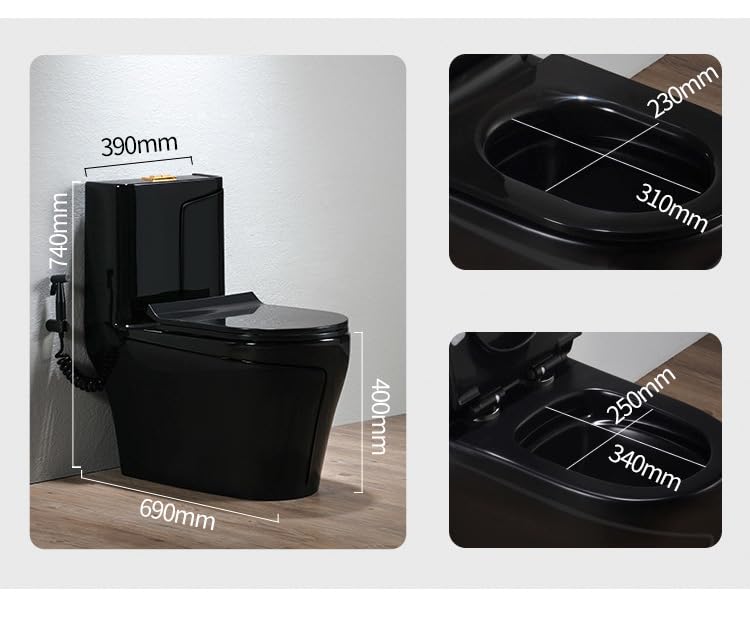 InArt ceramic one piece western toilet commode, oval rimless black glossy finish, front view