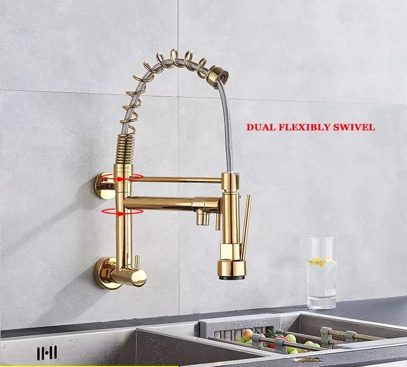 InArt wall kitchen mixer tap in gold, close-up of wall flange and sturdy brass body for leak-free fitting