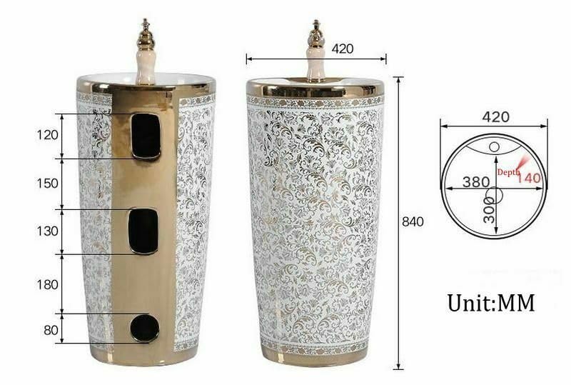 Fancy bathroom sinks style round pedestal wash basin, glossy white ceramic with gold finish, bathroom interior