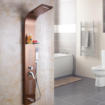InArt black shower tower in 304 stainless steel, rectangular wall mounted 5 in 1 shower panel, front view
