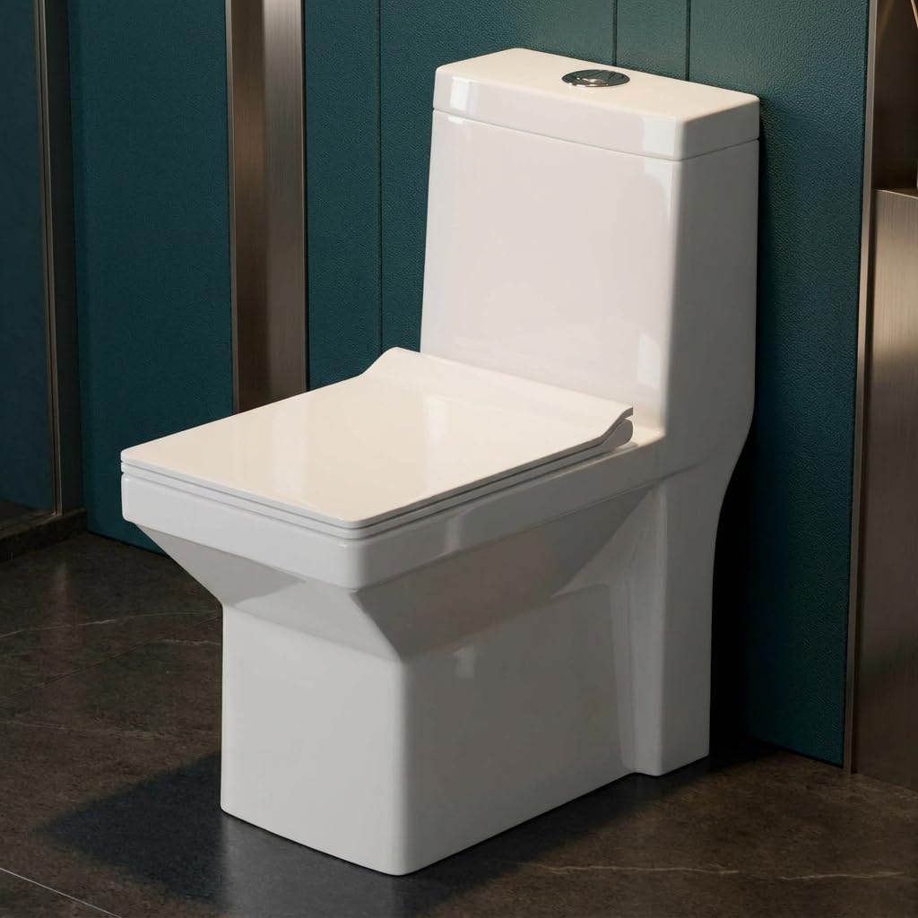 InArt single piece western toilet in glossy white ceramic, elongated floor mounted commode with flush tank