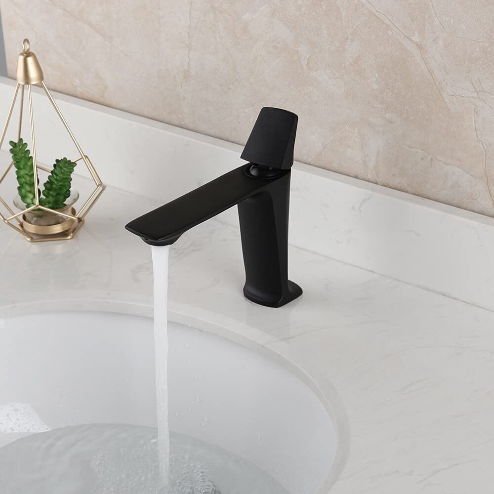 InArt brass wash basin mixer taps in matte black finish, single lever basin mixer tap front view