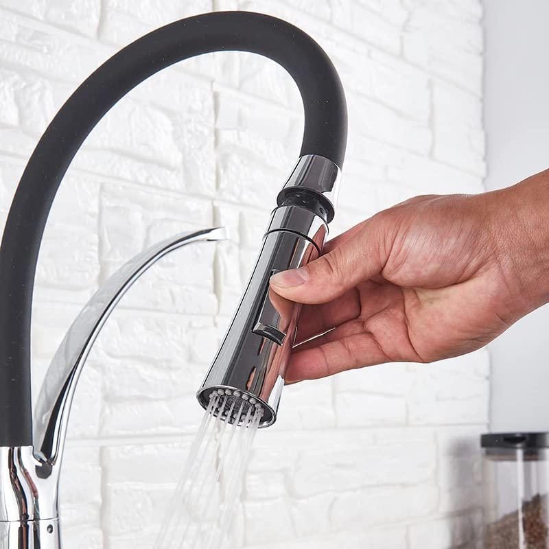 InArt pull out kitchen tap with spray mode, designer black brass sink mixer in 3/4 angle view