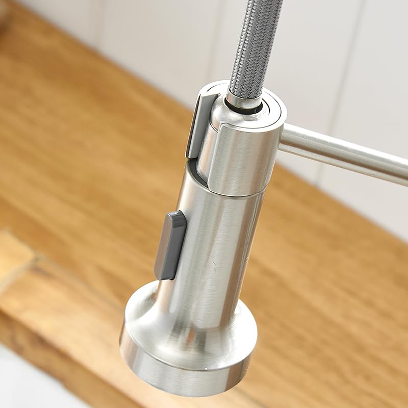Kitchen sink pull out faucet with 360° swivel gooseneck spout, brushed chrome metal mixer tap for Indian homes