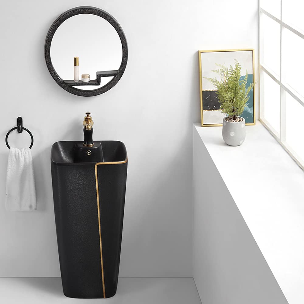 Dining hall wash basin cabinet style InArt ceramic square pedestal wash basin in matte black, front view