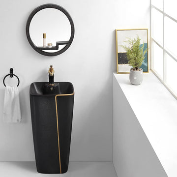 Dining hall wash basin cabinet style InArt ceramic square pedestal wash basin in matte black, front view