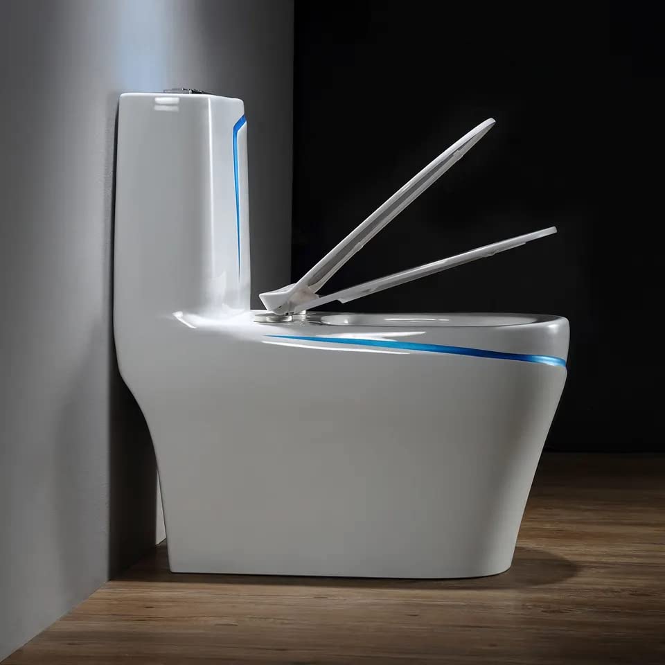 InArt one piece closet blue white T024BU, close-up of smooth glazed ceramic finish and edges