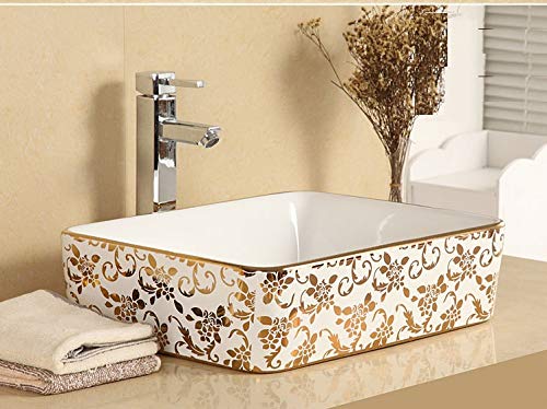 InArt ceramic table top wash basin, rectangular glossy gold white over counter design for bathroom