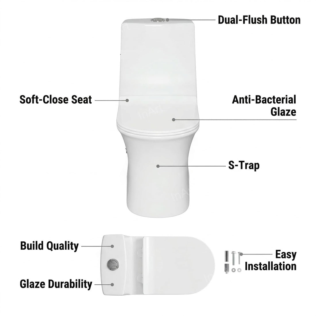 InArt ceramic floor mounted western toilet in glossy white, oval one-piece rimless commode front view