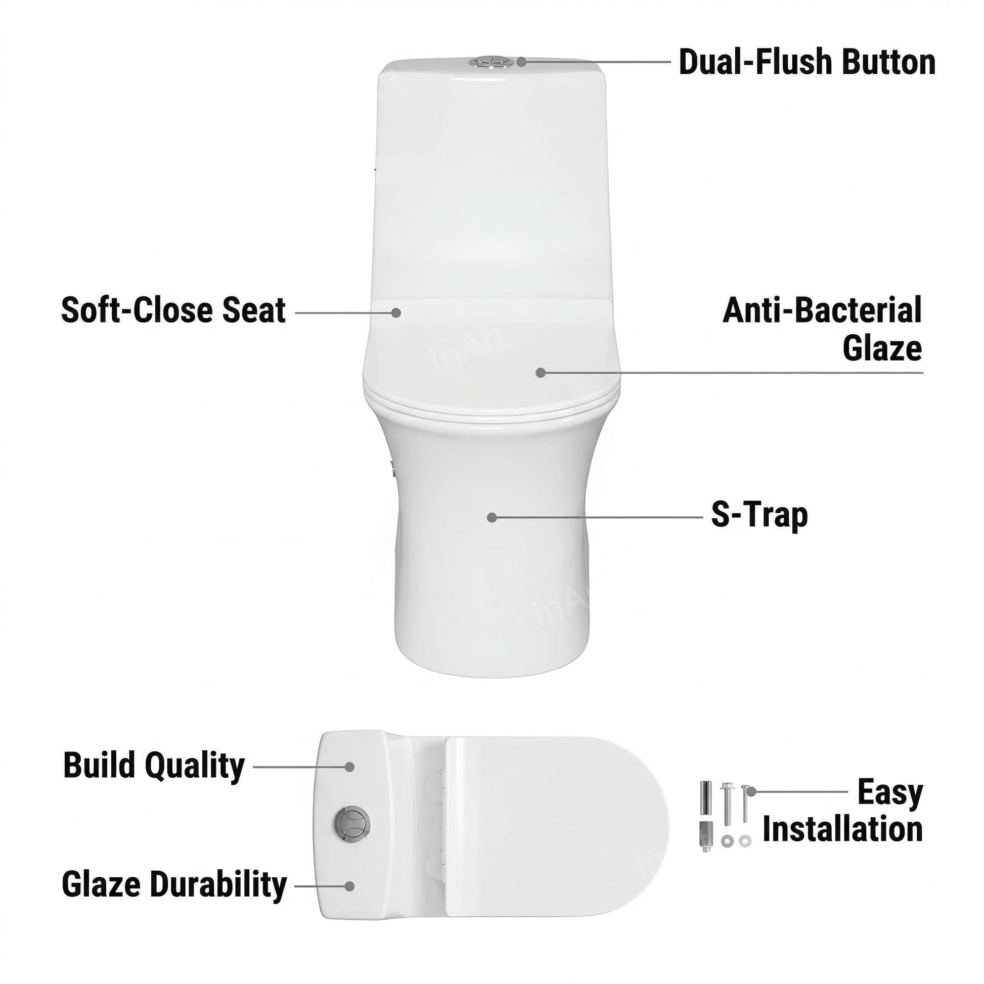 Ceramic one piece western toilet commode in glossy white, oval design floor mounted side angle view