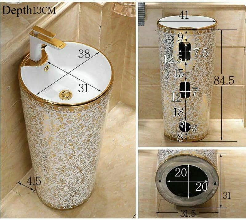 InArt ceramic pedestal wash basin with gold detailing, modern washroom basin design, close-up pedestal base