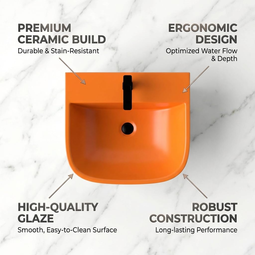 Modern designer wall hung wash basin with slim rim, orange grey matt ceramic, 3/4 angle view