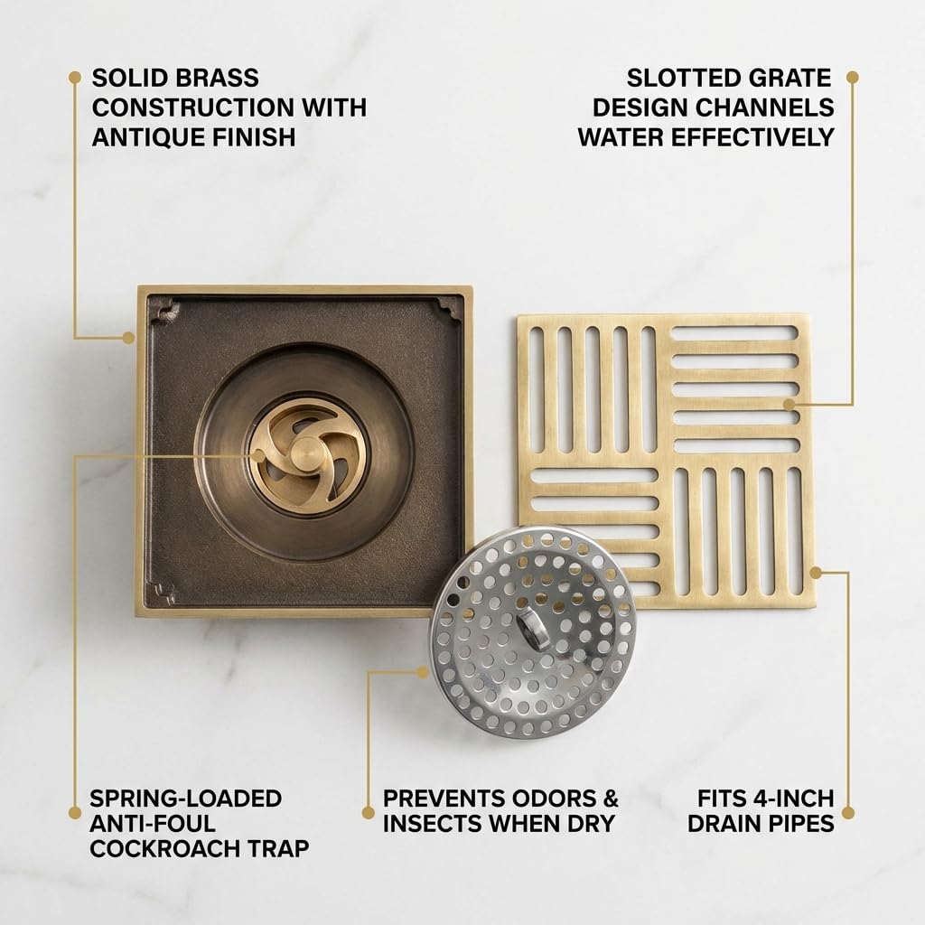 InArt brass floor drain square in antique bronze finish, easy clean bathroom and kitchen 4 inch pipe