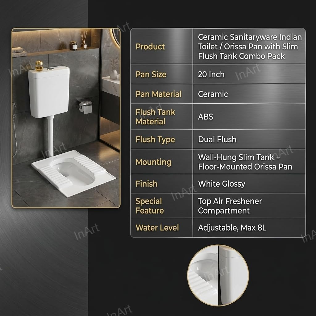 White ceramic Orissa pan set with slim dual flush tank, standard rectangular Indian toilet for bathroom use