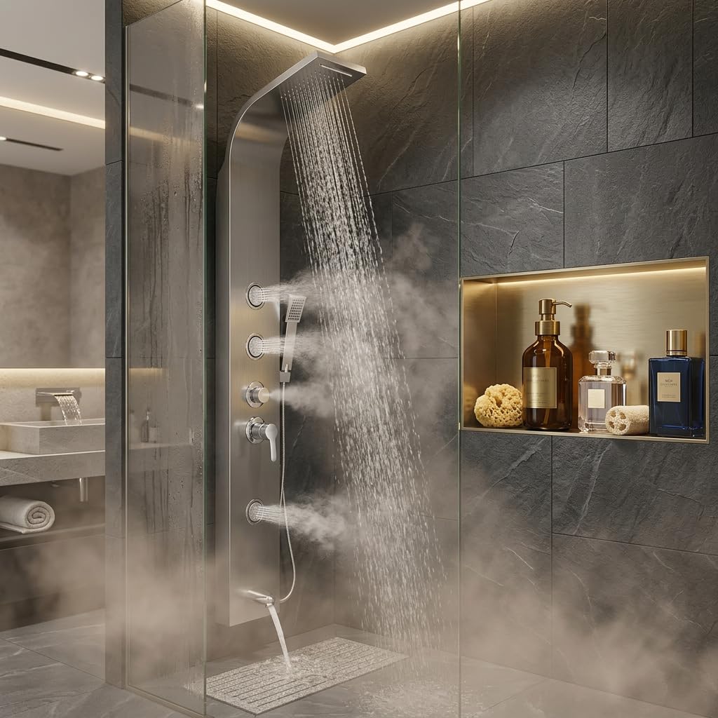 Brushed chrome shower panel installed in bathroom interior, rainfall shower head and handheld shower in use