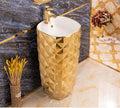 InArt luxury golden wash basin in modern bathroom interior, ceramic square pedestal basin detail