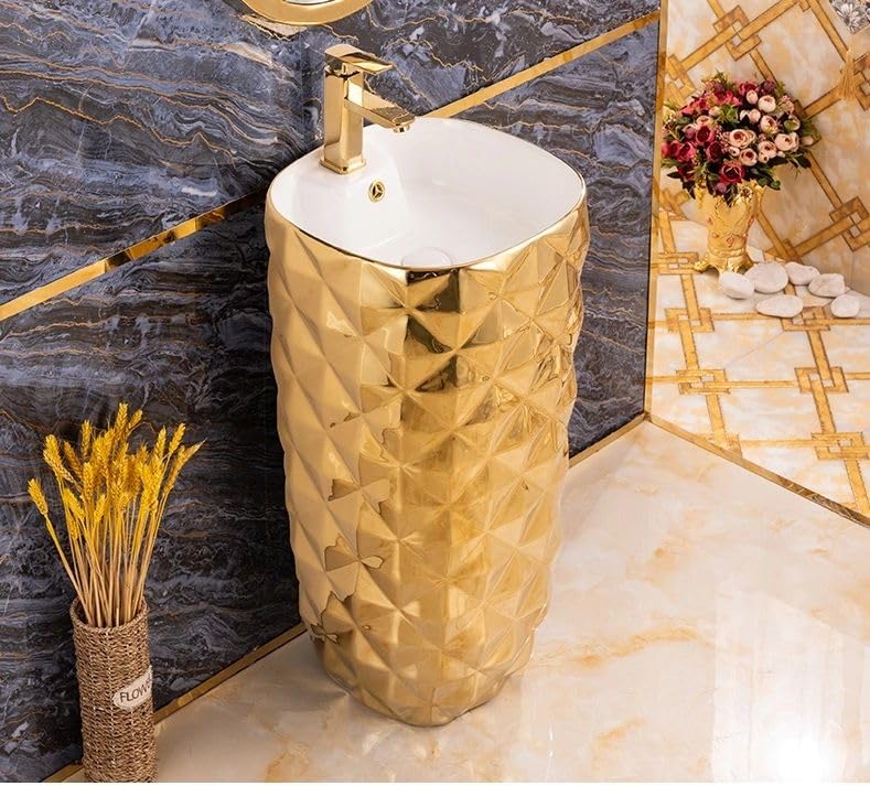 InArt luxury golden wash basin in modern bathroom interior, ceramic square pedestal basin detail