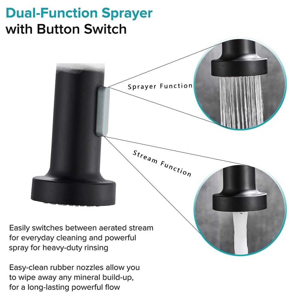 Matt black sink mixer with 360° rotating gooseneck spout, ideal for double bowl kitchen sink use