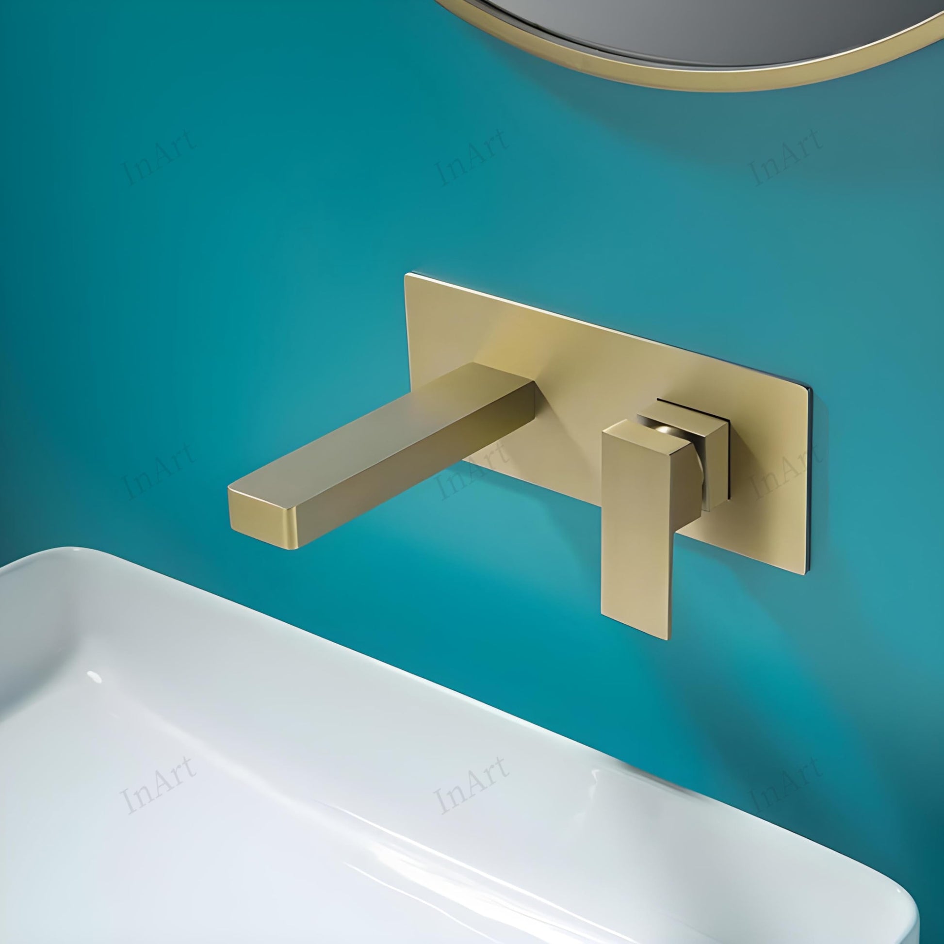 Designer wall mounted basin mixer in brushed gold finish, side angle for modern bathroom wash basin