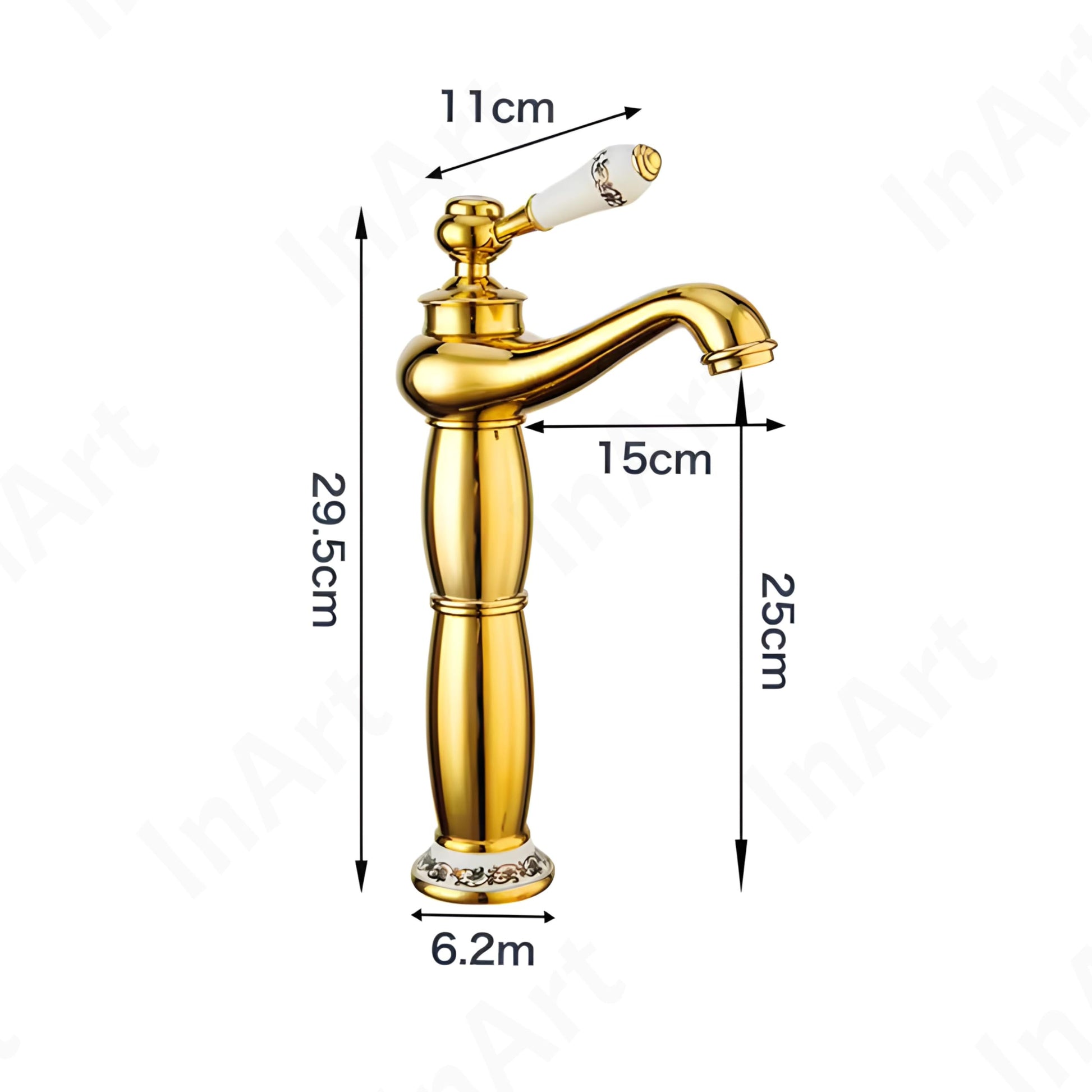 Single lever basin mixer tap gold, angled view of high neck waterfall wash basin tap with hot and cold mixer