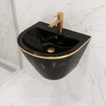 Modern wall mount bathroom wash basin design, black ceramic with gold line, 3/4 angle wall hung