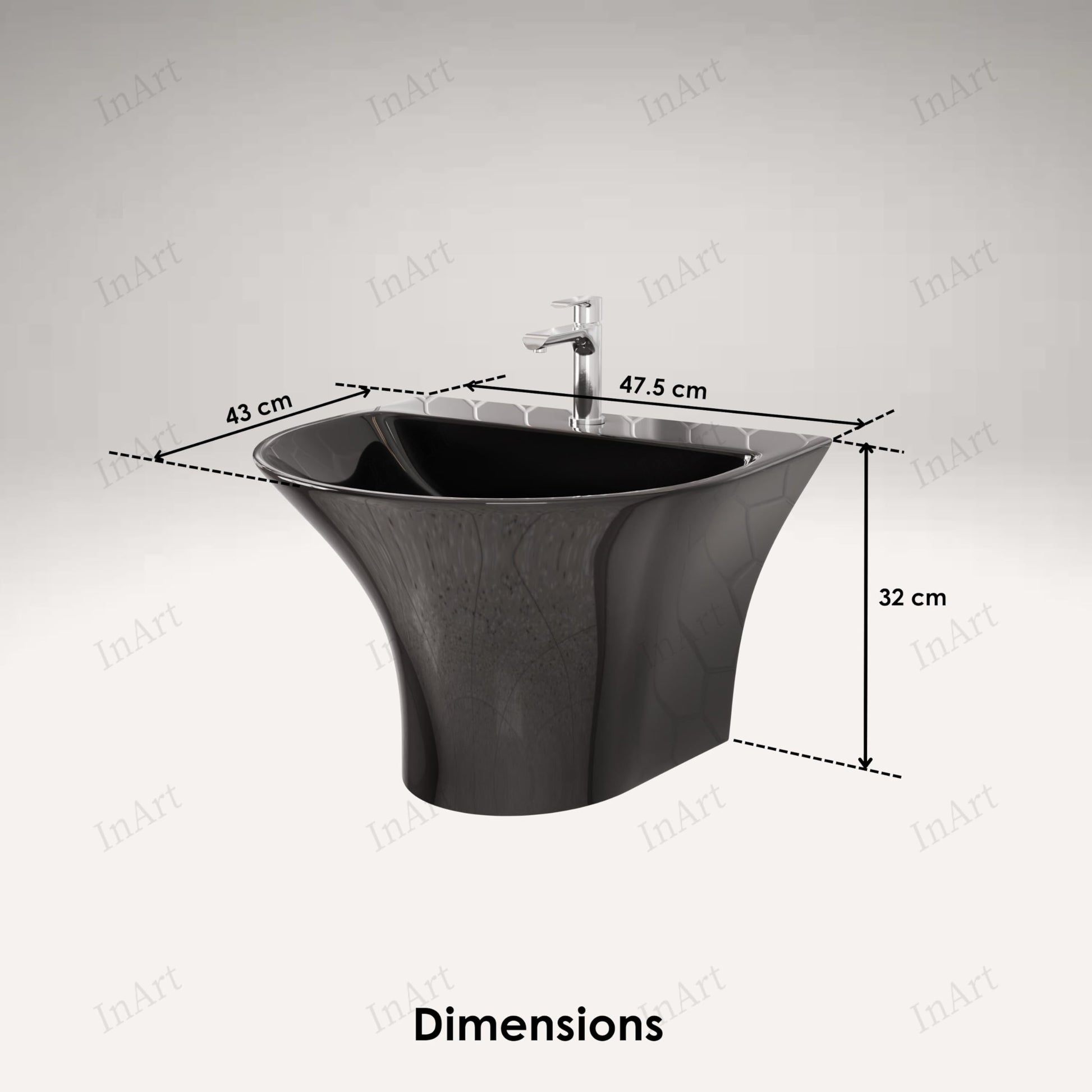 Oval bowl area of glossy black ceramic hand wash basin close-up