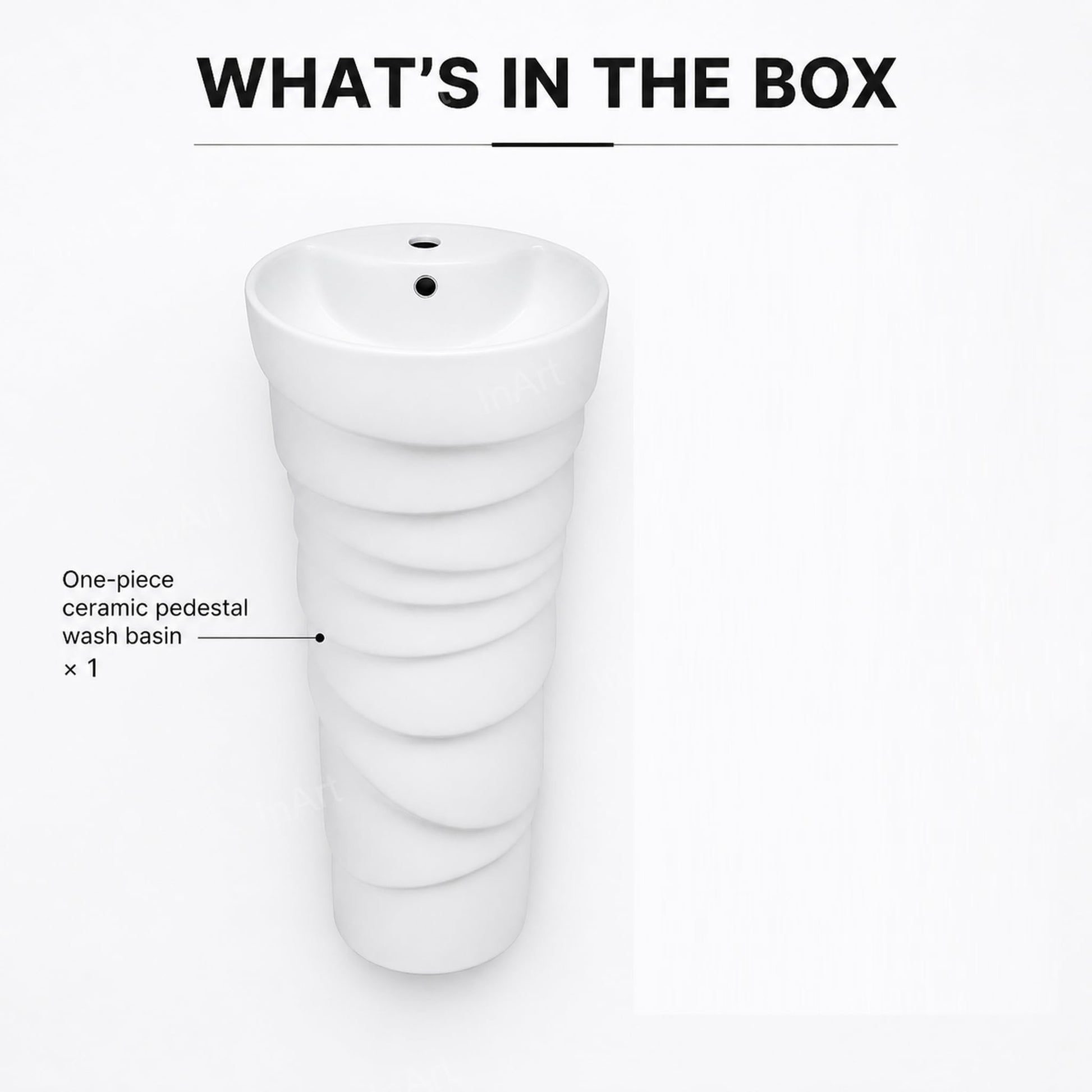 Round pedestal wash basin in glossy white ceramic, modern wash basin with pedestal stand for home