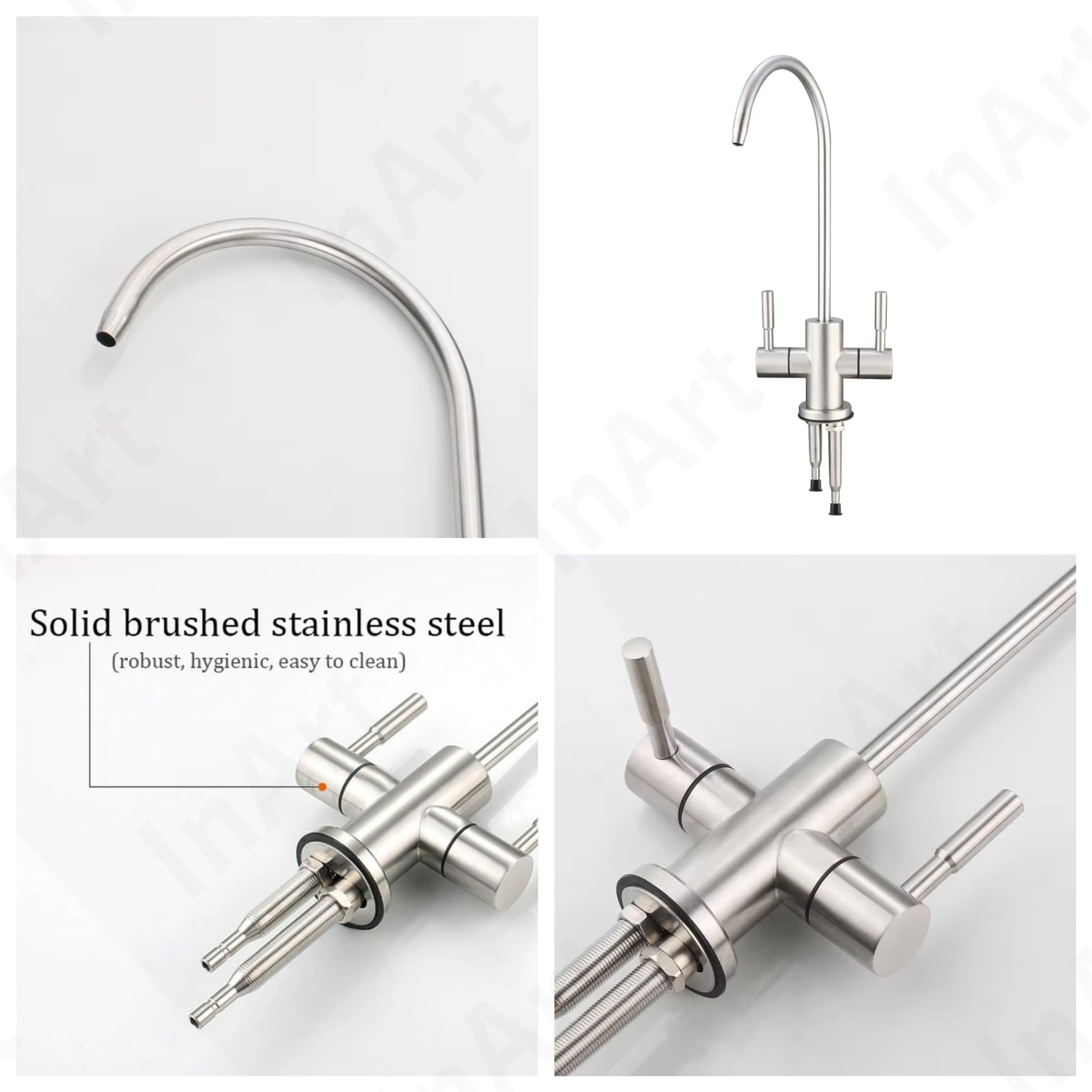 Non air gap RO tap India in brushed nickel SS304, close-up of dual handle control for filtered water