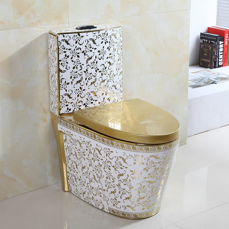 InArt ceramic floor mounted western toilet in oval shape, white and gold one-piece commode front view