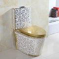 InArt ceramic floor mounted western toilet in oval shape, white and gold one-piece commode front view