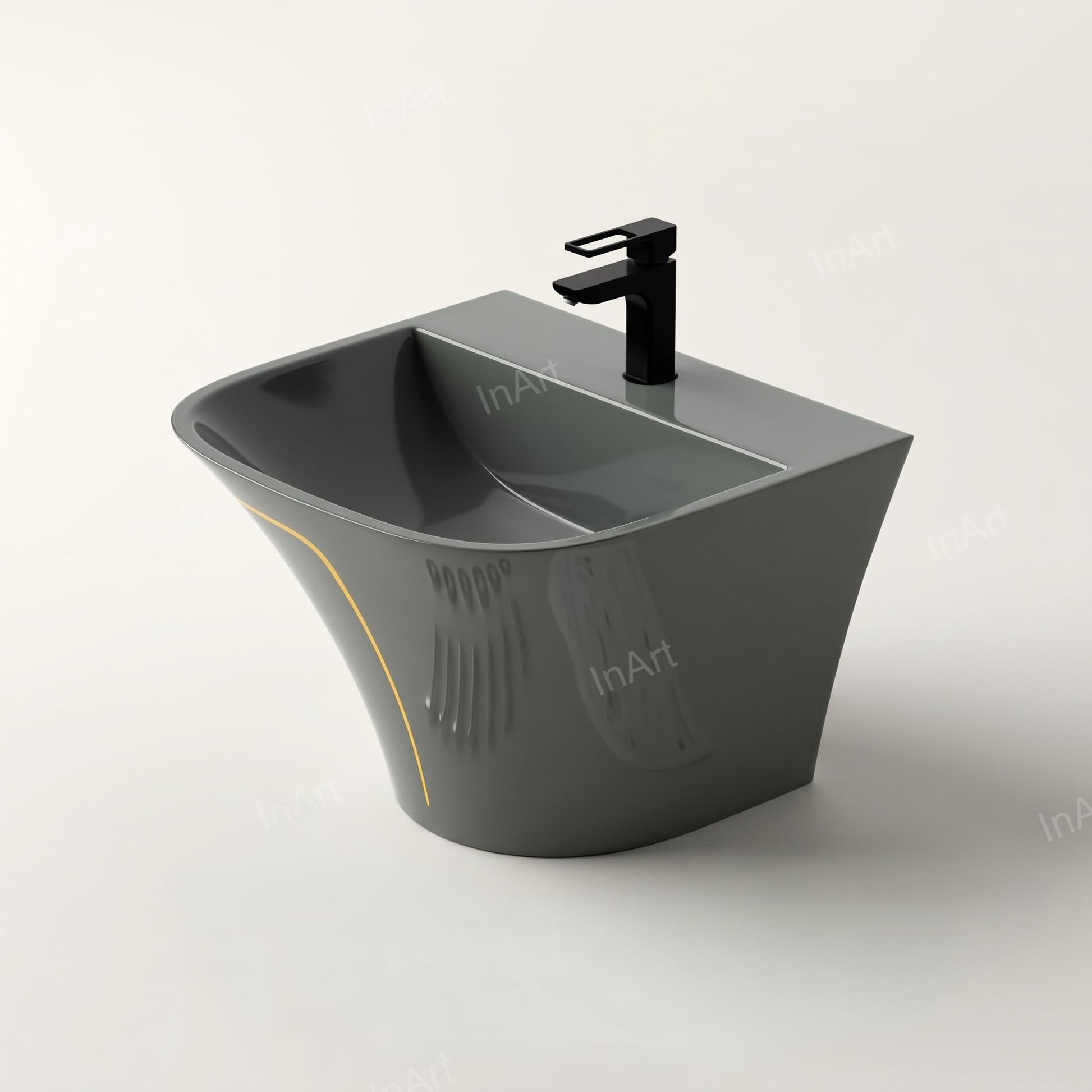 Wall mounted sink basin with slim rim and half pedestal, easy-clean glossy grey ceramic for wash basin wall