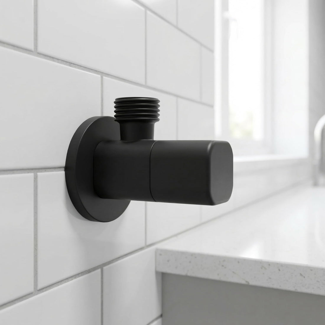InArt angle valve for bathroom in heavy-duty brass, 90 degree single way stop cock with wall flange, matt black