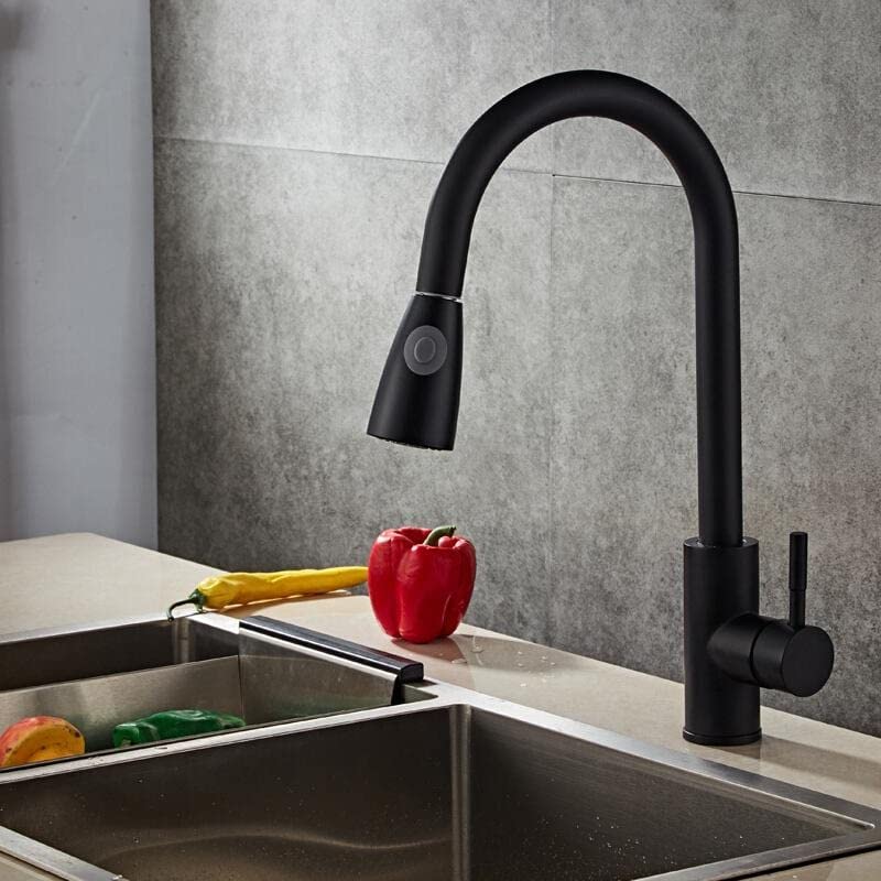 InArt black sink mixer with pull out spray, single handle control lever and cartridge detail close view
