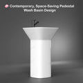 Tap hole and drain detail on modern pedestal bathroom sink, glossy white ceramic square basin top view