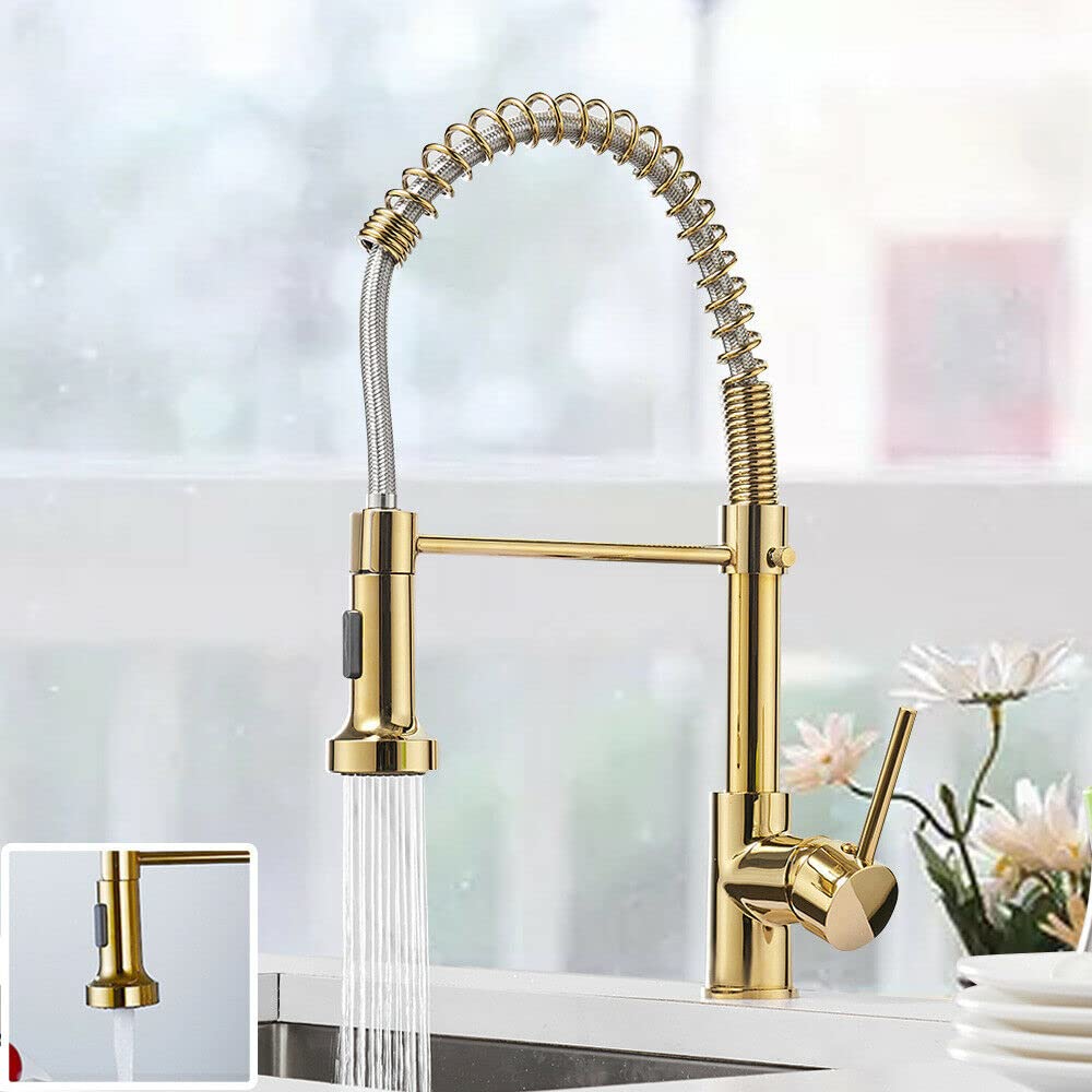 Tap with spray for kitchen sink, gold finish mixer tap showing lever handle and spout curve