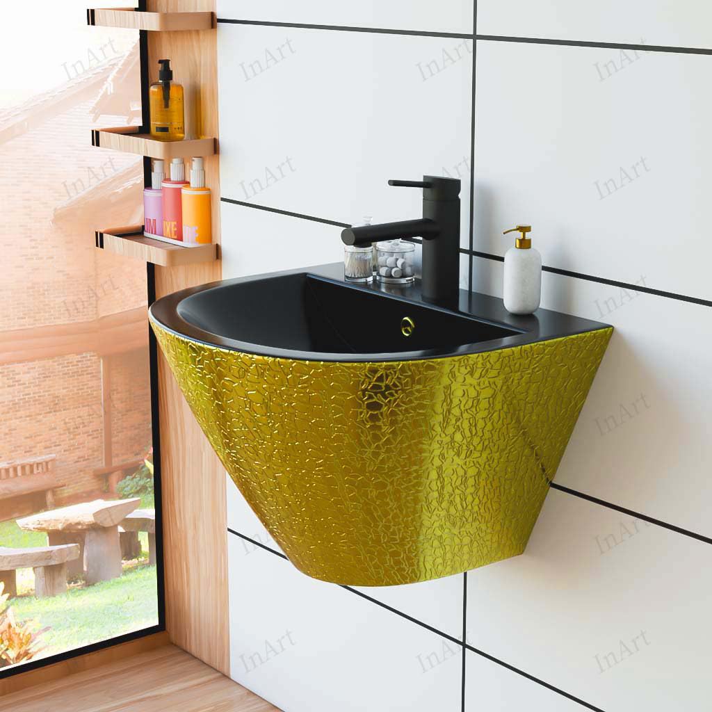 InArt cera wall hung wash basin in black and gold ceramic rectangular design with half pedestal, front view