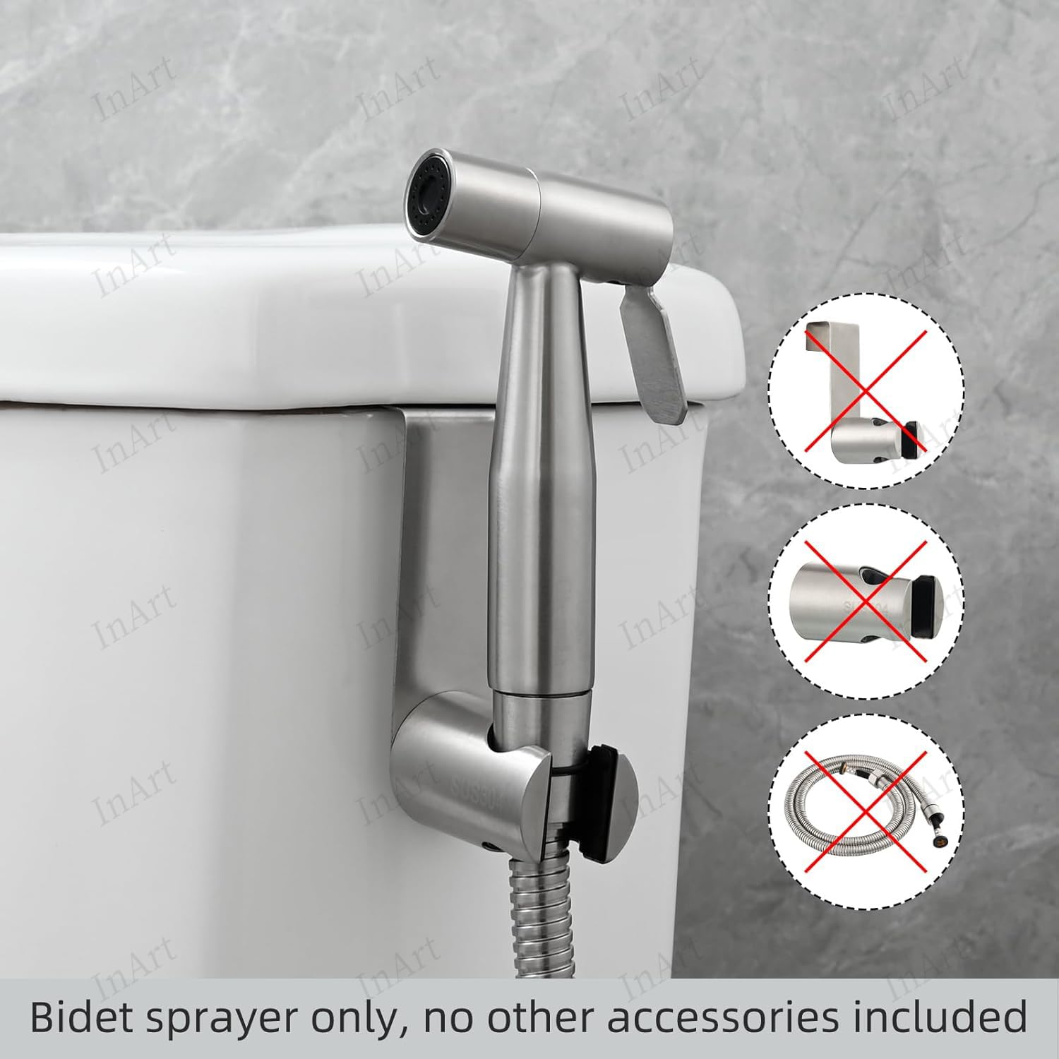 Brushed finish health faucet gun only, rear angle showing trigger grip and nozzle on stainless steel jet spray gun