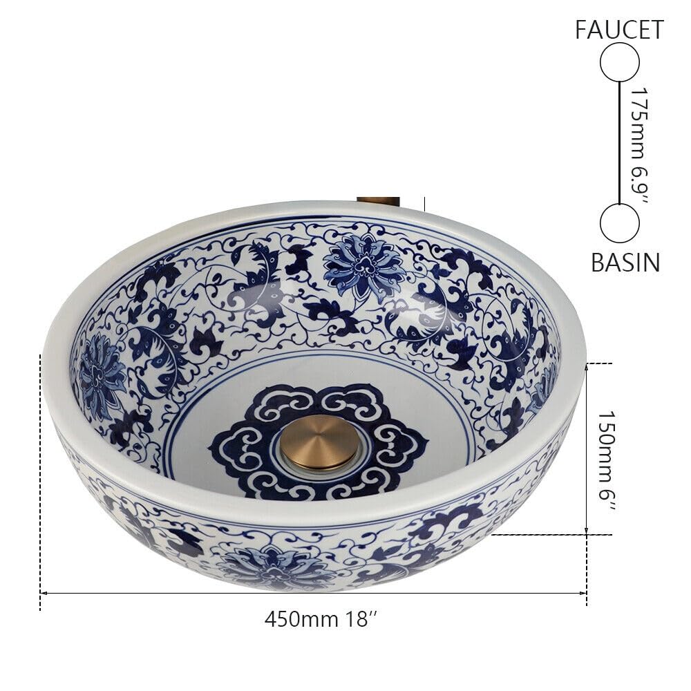 InArt ceramic table top wash basin counter design, round blue basin side angle