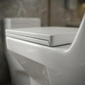 One-piece European water closet EWC in glossy white, elongated bowl and rim detail for modern bathroom