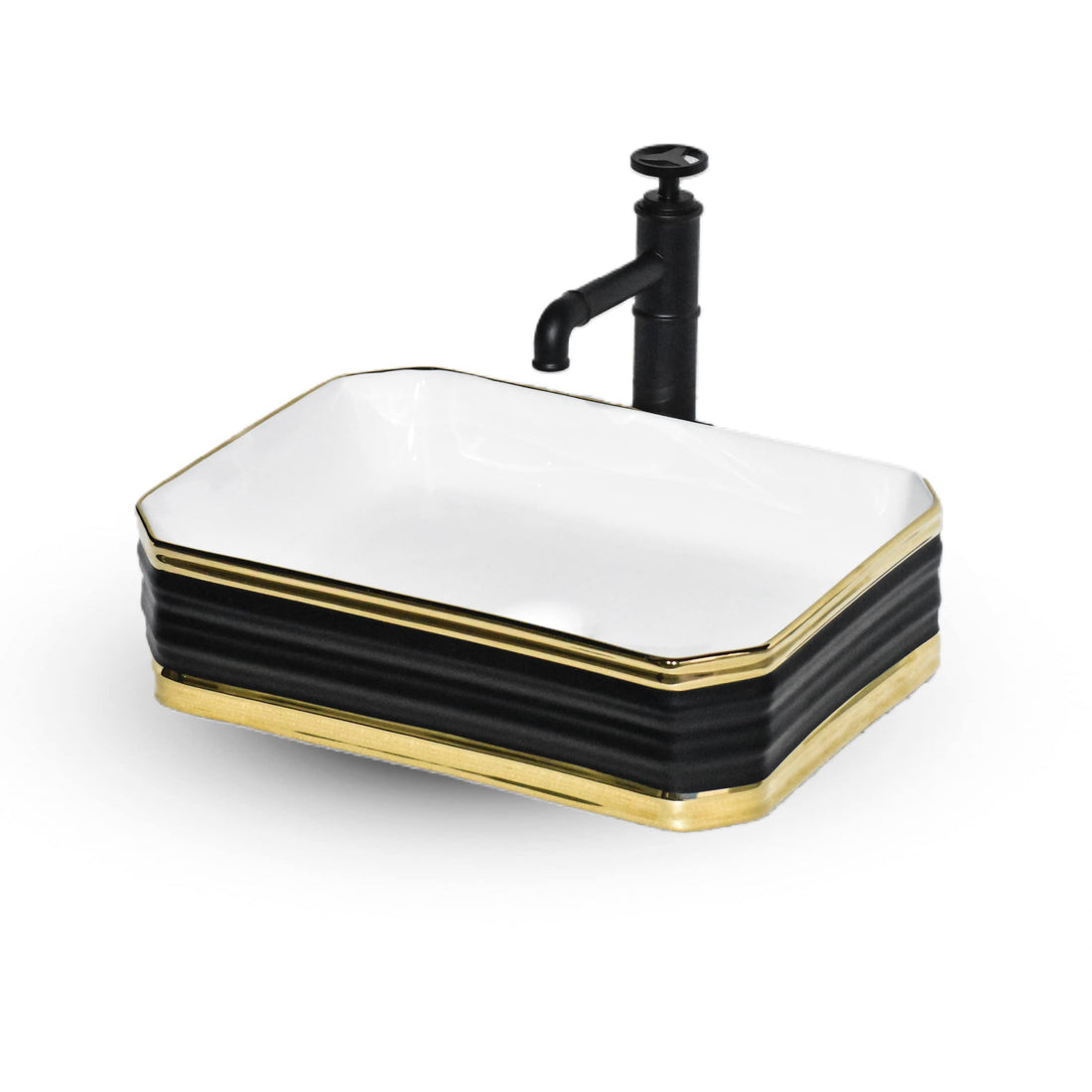 InArt ceramic table top wash basin design, rectangular matte black and gold basin for bathroom