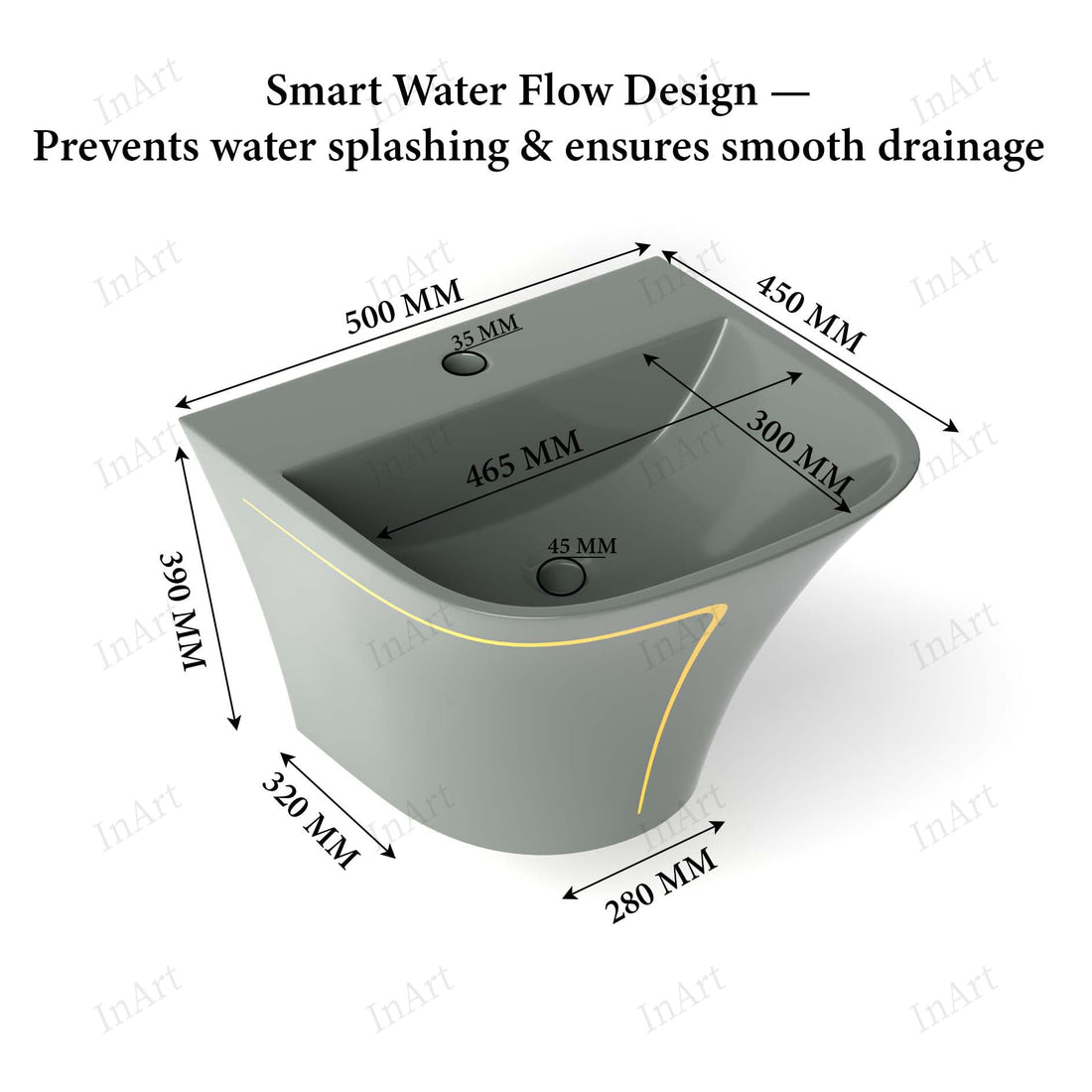 InArt wall mounted wash basin in grey glossy ceramic, rectangular slim rim, front view