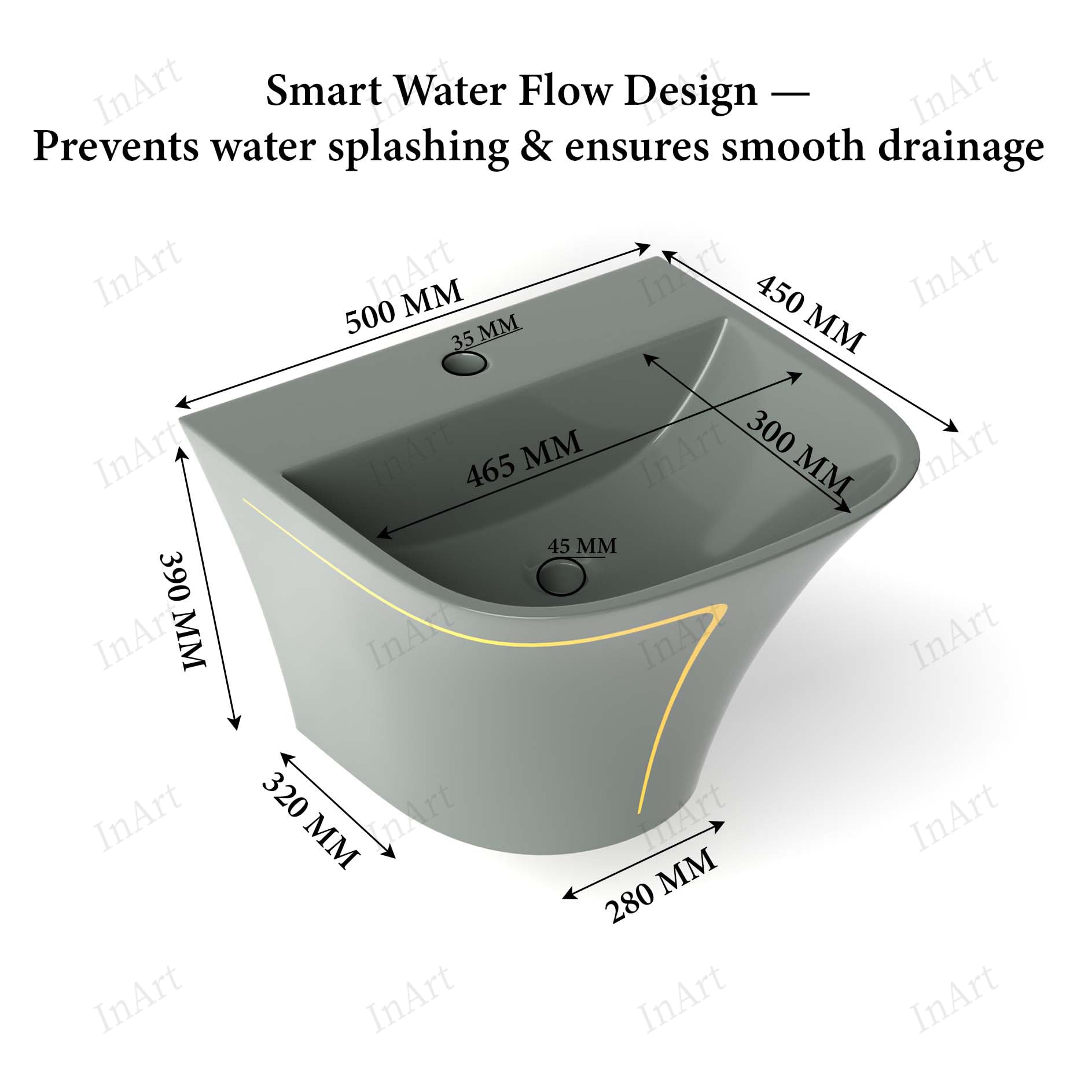 Modern designer wall hung wash basin, grey glossy rectangular ceramic, three-quarter angle view