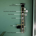 Modern bathroom interior with wall mount shower panel, rainfall head, waterfall outlet and handshower installed