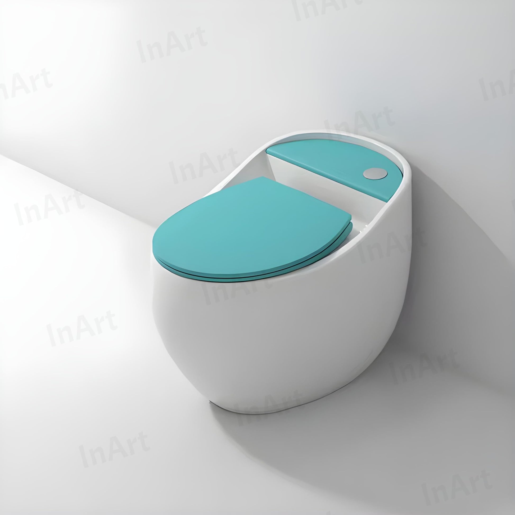 Close-up of InArt soft close toilet seat and lid on one piece closet, white and blue ceramic finish