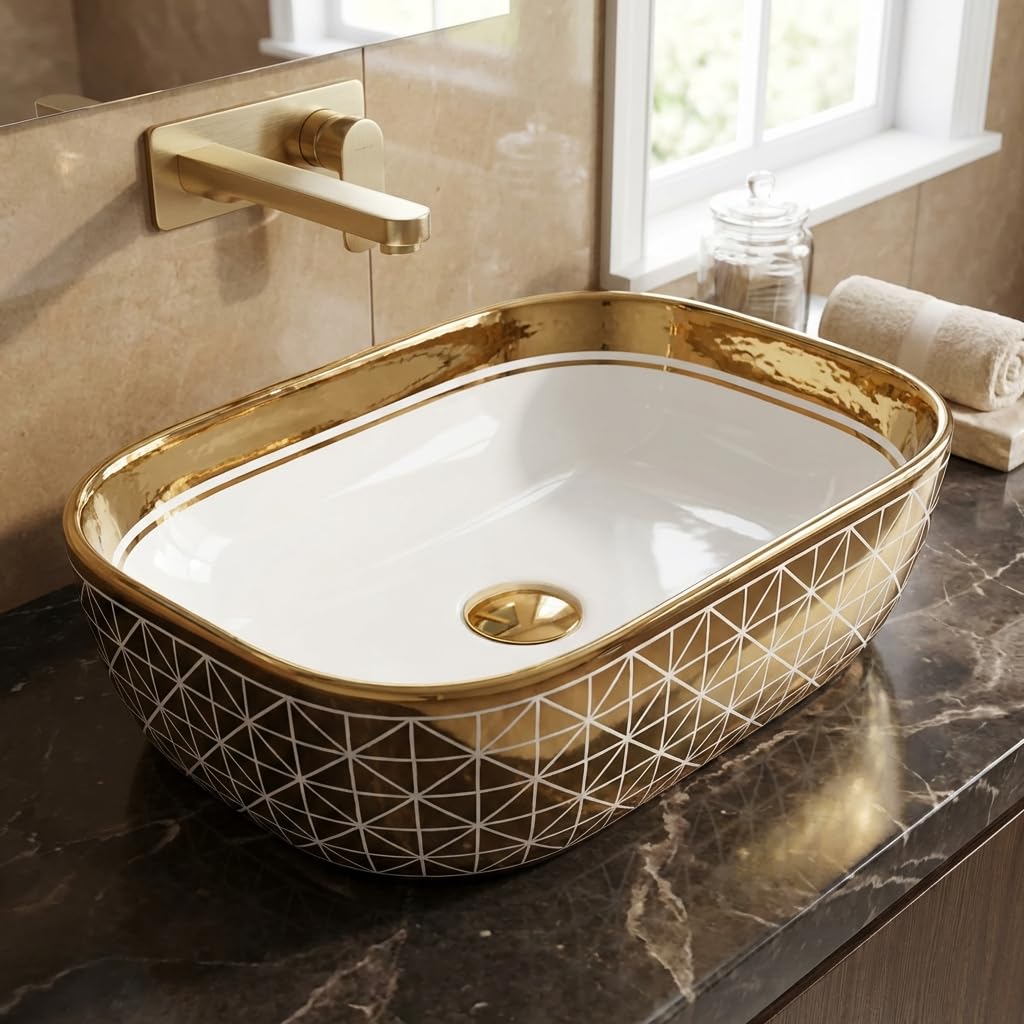 InArt ceramic table top wash basin design, rectangular gold finish, main front view